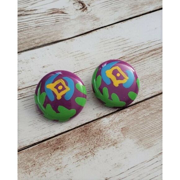 Vintage Clip On Earrings - Colorful Green, Purple, Blue, Yellow Large - Picture 2 of 4